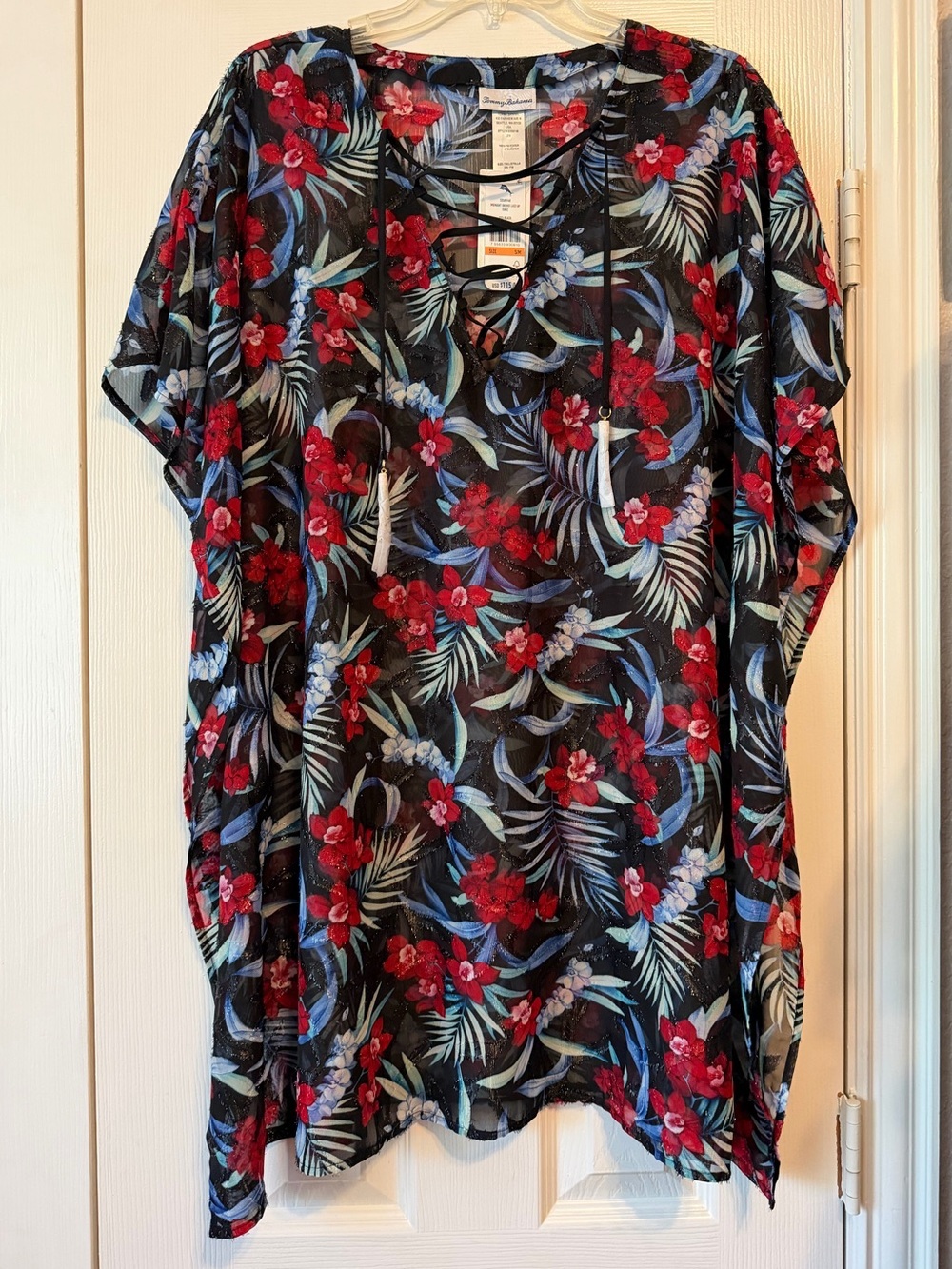 Tommy Bahama NWT Midnight Orchid Lace-Up V-Neck Top - Red & Black